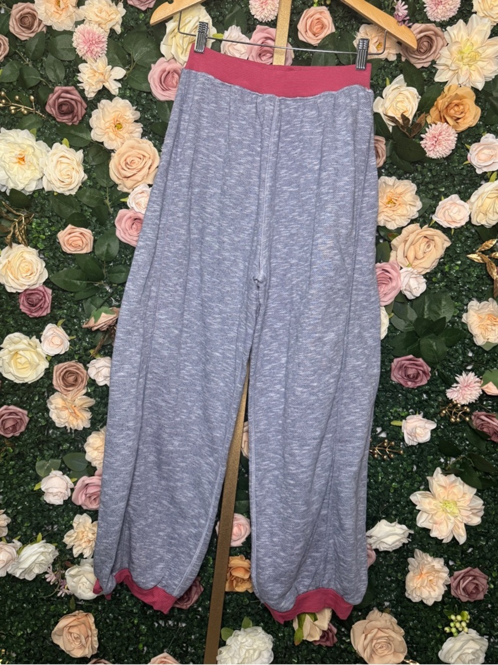 Free People Heathered BlueJoggers with Pink/Brown Striped Waistband & Cuffs - Picture 2 of 4